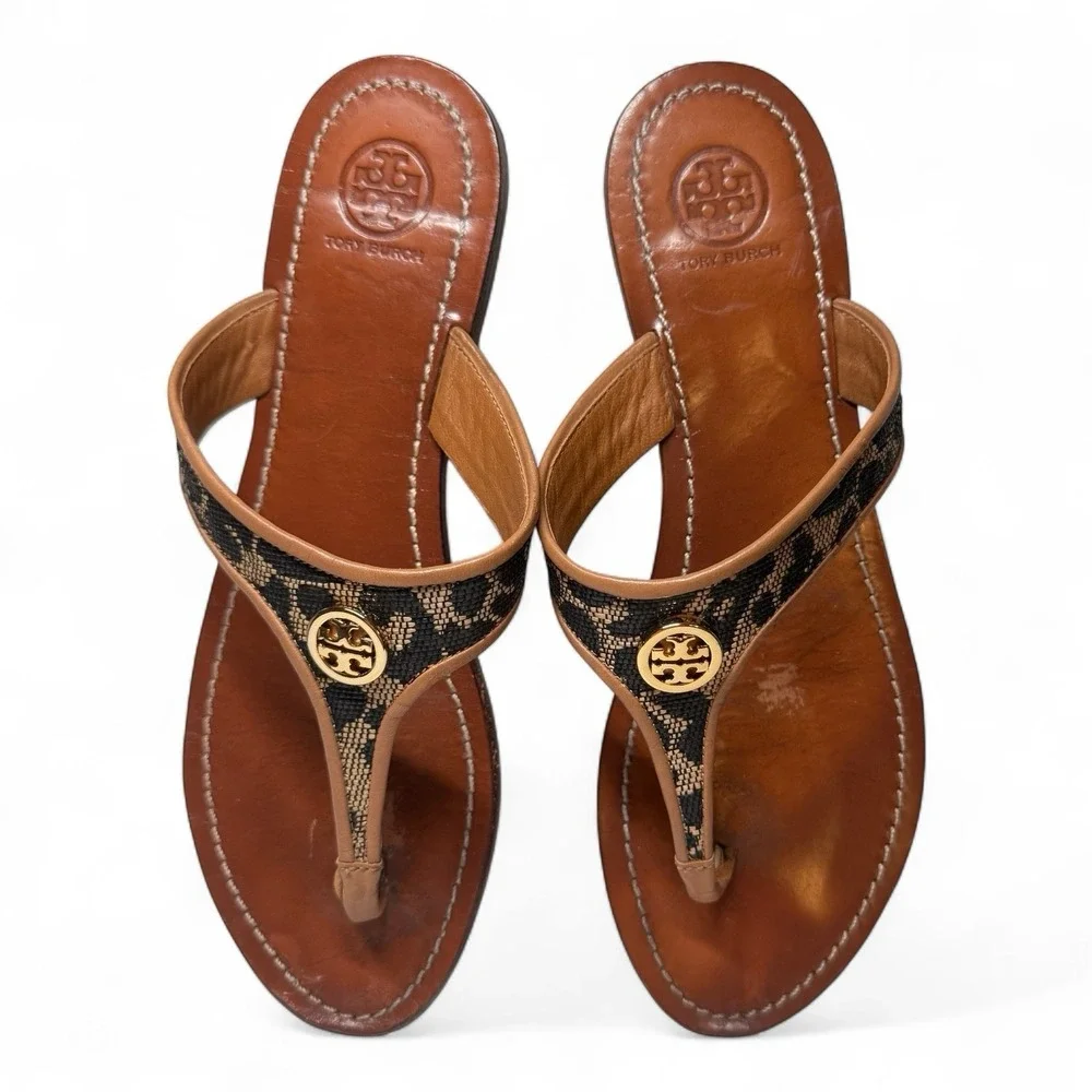 TORY BURCH Cameron Black Leopard Print Gold Logo Sandals Women's Size 9